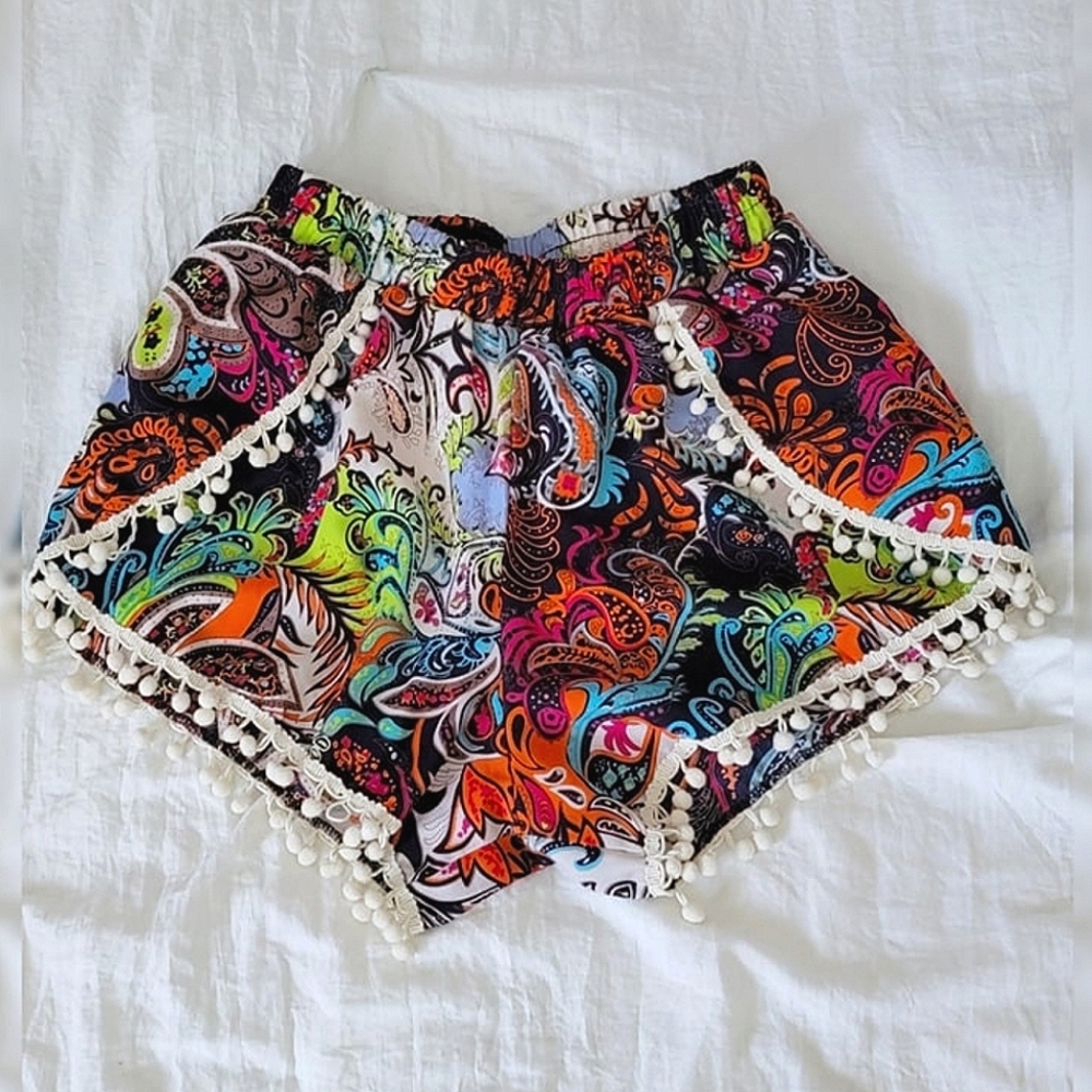 Paisley Print Multi-Color Pompom Shorts (S/M)
